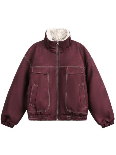 Wool Stand Collar Coat Men Women Warm PU Leather Cotton Coat