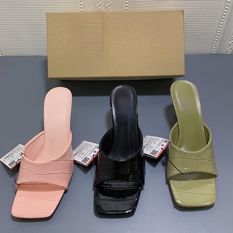 Summer New Women Shoes Square Toe Open Toe Mid-heel Patent Leather Sandals Shaped Thick Heel High-heeled Slippers Designer Shoes - Image 4