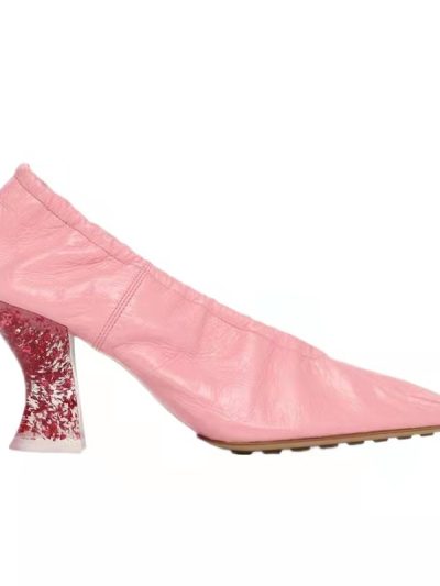 Transparent heel crystal high heels for women retro thick heel single shoes women's pointed toe soft leather witch granny shoes