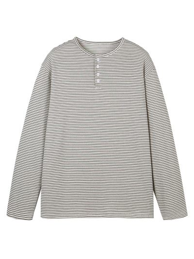 Loose-Fit Henley Striped Long Sleeve T-Shirt for Men and Women