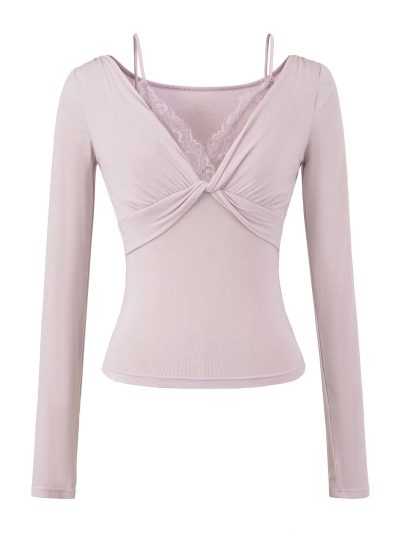 Twisted lace long sleeved T-shirt for women