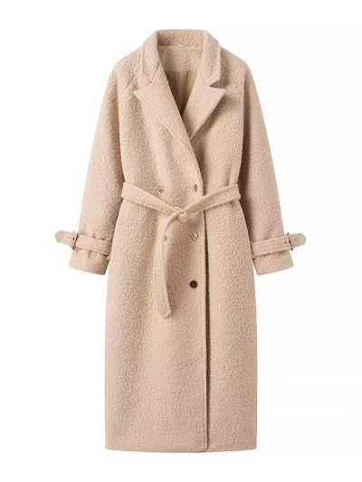 Belted Long Fleece Wool Coat for Women