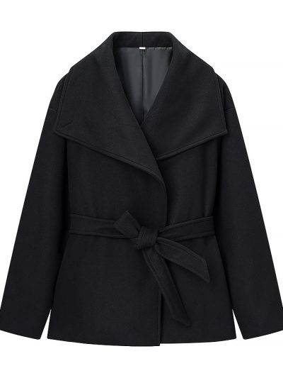 Collar black woolen coat for women