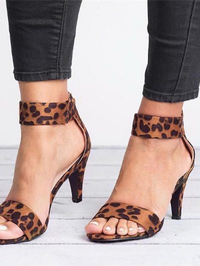 Women Flock Square Heel Sandals Leopard High Heels Buckle Strap Female Ladies Woman Sandal Shoes Girls