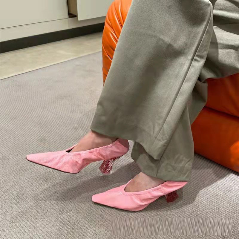 Transparent heel crystal high heels for women retro thick heel single shoes women's pointed toe soft leather witch granny shoes - Image 4