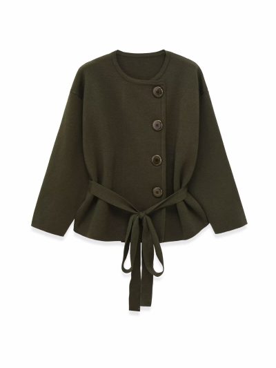 Knitted Long Sleeve Short Coat with Belt for Women