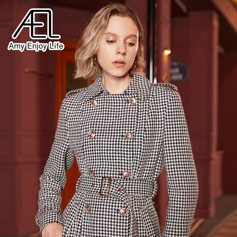 Winter Wool Long Coat Women Retro Houndstooth A-Line Trench Coats - Image 5