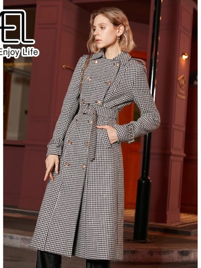 Winter Wool Long Coat Women Retro Houndstooth A-Line Trench Coats
