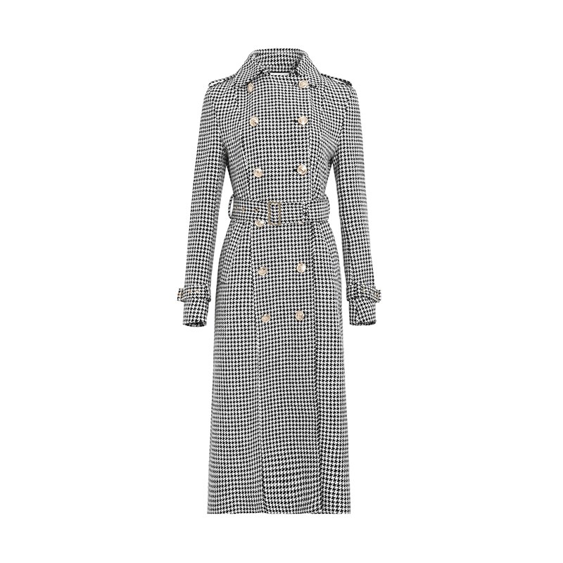 Winter Wool Long Coat Women Retro Houndstooth A-Line Trench Coats - Image 7