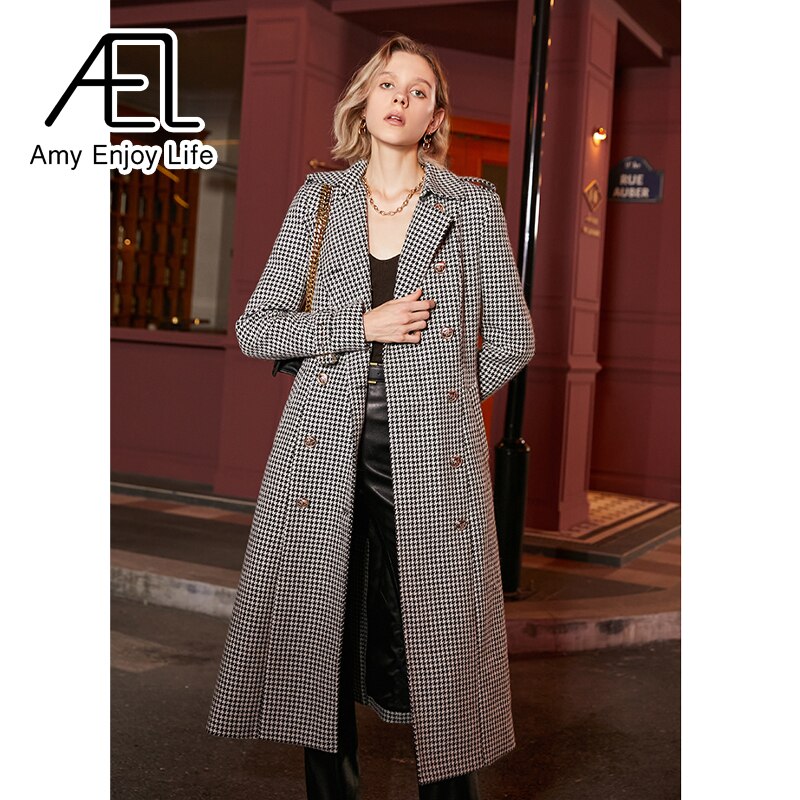 Winter Wool Long Coat Women Retro Houndstooth A-Line Trench Coats - Image 3